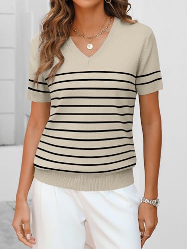 Image of ANRABESS Women Wool Blend Sweater Summer 2026 Short Sleeve V Neck Pullover Top Business Casual Outfit Beach Vacation Clothes