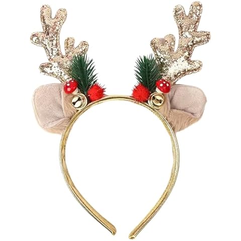 SARATA Christmas Headbands for Women Glitter Powder Bell Hair Hoop Elk Hair Band Reindeer Antlers Headband Women Girls Hair Access Headdress for Party 1PCS (Golden) Cover