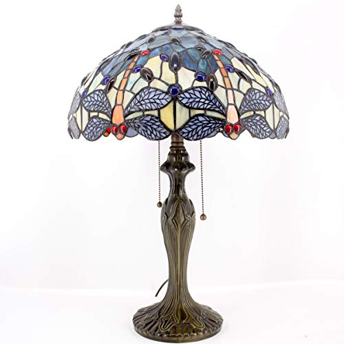 Werfactory Tiffany Lamp Stained Glass Bedside Table Lamp Navy Blue Yellow Turquoise Dragonfly 16X16X24 Inch Desk Light Metal Base Decor Bedroom Living Room Home Office S128 Series #TOP2
