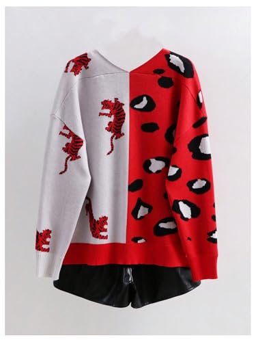 Image of WDIRARA Women's Leopard Tiger Print Cardigan V Neck Long Sleeve Color Block Button Down Sweater Outwear