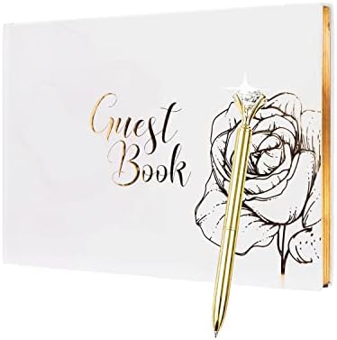 Gold Floral Wedding Guest Book with Gold Pen, Guest Sign-in Book White Cover with Foil for Guests Visitors to Sign at Wedding Party Hotel Baby Bridal Shower, Wedding Guestbook Alternative