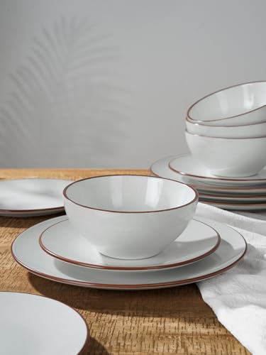 Image of Famiware Venus Stoneware Dinnerware Sets for 4, 12 Piece Plates and Bowls with Rim, Handcrafted Speckled Patterns, Matte White