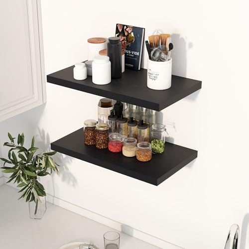 Image of Dreamland 24 inch Floating Shelves for Wall, 12 inch Deep Slim Black Floating Shelves, Wall-Mounted Shelves for Bedroom, Living Room, Kitchen, Bathroom - Set of 2