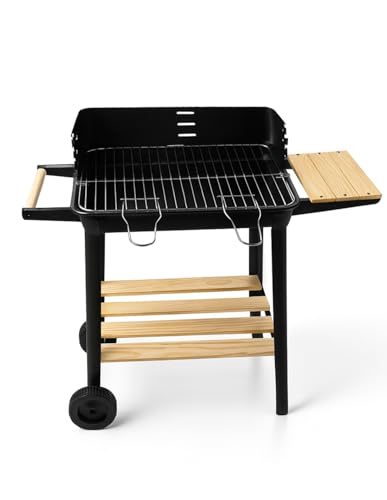 JARDIN202 - Barbacoa Rectangular de Carbón con Parrilla Cromada Arizona | Ruedas para Transporte | Bandeja de Madera | Grill Exterior | Negro