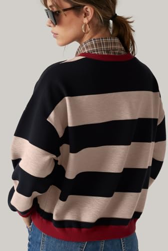Image of UEU Women Oversized Striped Crewneck Sweatshirt Long Sleeve Color Block Pullover Tops Casual Loose Workout Shirt