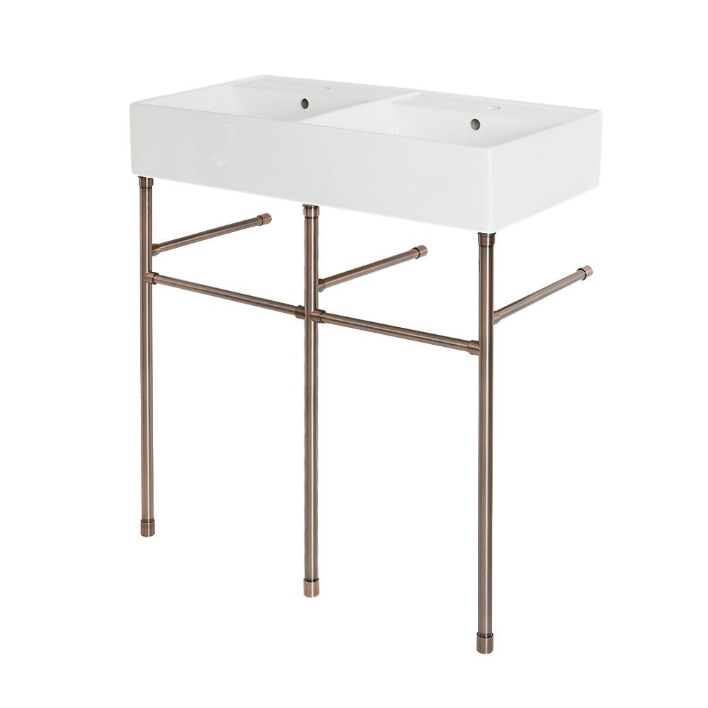 Milano Oil Rubbed Bronze Dalton White Ceramic 2 Tap Hole Double Bathroom Basin Sink Bronze Washstand - 820Mm X 420Mm