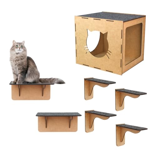 BOXFAN Kit Brinquedo Para Gato, 7 Peças em Mdf Com Carpete, Nicho, Prateleira, Degraus Escadinha, Parquinho de Gatos. Brinquedo Pet de Parede Suspenso