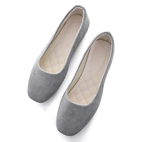 Hee grand Women's Pointy Toe Slip On Solid Comfortable Ballet Shoes Square Mouth Flats Shoes Gray 8.5