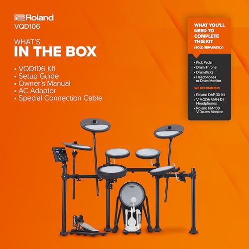Image of Roland VQD106 V-Drums | Revolutionary 5-Piece Electronic Quiet Design Drum Kit | Perfect for Home Practice | Up To 75% Noise Reduced Pads | TD-07 Sound Module | Bluetooth Connectivity | Up to 75% Noise Reduction, Td-07 Module, Pdq-8 Second and Pdq-8 /kdq-8 /cyq-12 Quiet Pads, Bluetooth and USB, (5 Piece)