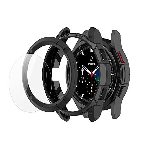 MWOOT Compatible con Samsung Galaxy Watch 4 Classic 46mm Protectores Cristal Templado 2 Unidades y Funda Silicona Negro, 9H Dureza Protector Pantalla para Proteccion，con Protector de Anillo de Bisel