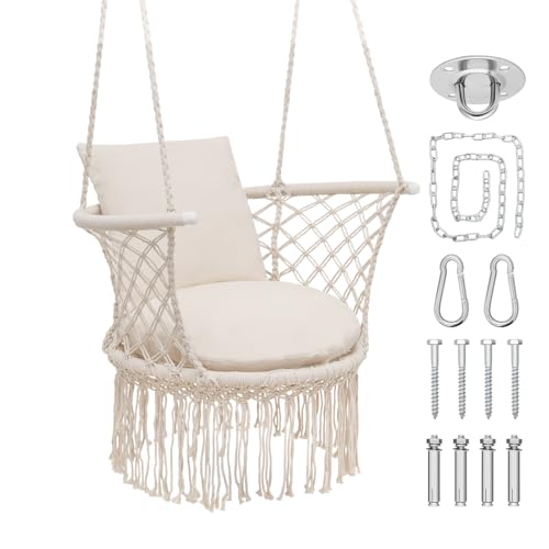 Athena Collection Hammock Swing Chair with Cushion, Outdoor Macrame Chair