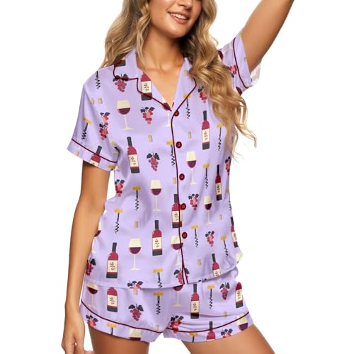 Image of HUNTFAMI Womens Soft Silky Satin Pajamas Set, 2 Pcs Sleep Short Pajamas for Mom and Grandma Button Down Summer Loungewear