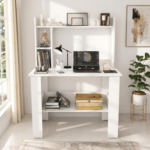 Image of SPYDER CRAFT Modern Daisy Engineered Wood Study Table with Storage Shelf | Clean Minimalist Computer Desk for Home, Office, & Bedroom | Durable & Easy to Clean (White) (DIY Assembly)