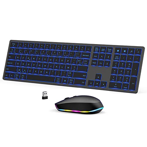 Ensemble Clavier et Souris rétroéclairés sans Fil, 2.4Ghz Clavier Rechargeables avec Rétroéclairage 7 Couleur, Ultra Fin et Silencieux, Souris Optiique LED, Set pour PC,Ordinateur Portable, Gris
