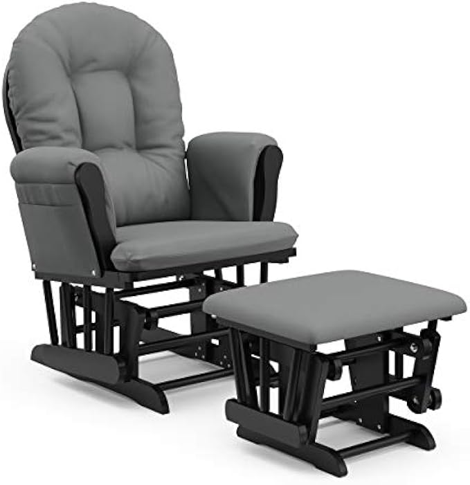 Storkcraft Premium Hoop Glider and Ottoman (Black Base, Gray Cushion) – Padded Cushions with Storage Pocket, Smooth Rocking Motion, Easy to Assemble, Solid Hardwood Base