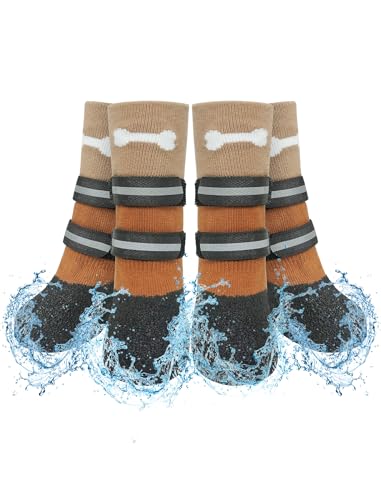 SCENEREAL Anti Slip Dog Socks Boots, Dog Shoes for Hot/Cold Pavement, Waterproof Grip Doggy Booties for Hardwood Floor, Rain Paw Protectors for Small Medium Large Senior Old Dogs, Khaki XL