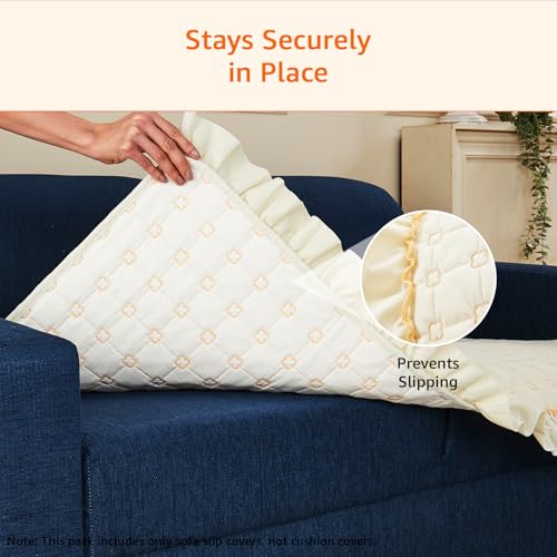 Image of Amazon Basics Quilted Sofa Cover for Two Seater, Modern Grid Pattern, Non-Slip Sofa Pad, 70x120 cm, Soft Silicone Grip Dots, 100% Polyester, Machine Washable - Off-White
