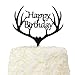 LOVENJOY Gift Boxed Antler Happy Birthday Cake Topper Black Frosted Acrylic, Hunting Birthday Cake Topper for Men Dad Hunter