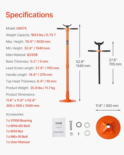 VEVOR Unterlift-Stützständer (rund Basis) 750 kg Unterhubwagen-Stützständer (Hebehöhe 134-193 cm) mit lagermontierter Drehgriff & selbstsichernde Gewindeschraube & Zwei Rädern Orange