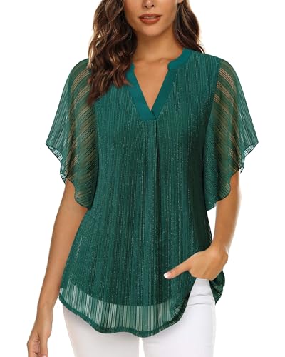 Image of Timeson Women's Short Sleeve V Neck Blouses Shirts Floral Double Layers Mesh Tunics Tops