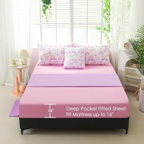 Image of 6 Pcs Full Size Bed in A Bag Purple Rainbow Girls Comforter Set with Sheets Colorful Cloud Printed Teen Girl Bedding Soft Lightweight Kids Bed Set for Bedroom Decor (Purple Rainbow, Full)