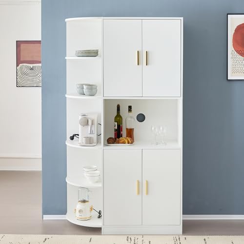 Credenza moderna e versatile, alta 180 cm, bianca, con ripiani angolari flessibili per soggiorno, con eleganti maniglie in oro