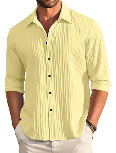 Image of FINIVO FASHION Men's Casual Cotton Plain Button Down Shirt Long Sleeve Textured Summer Beach Shirt for Men