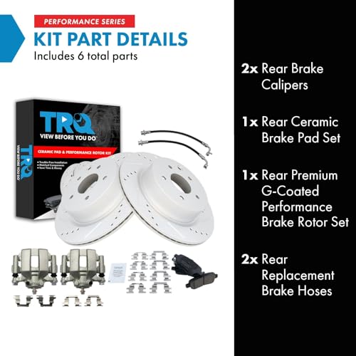 Image of TRQ Performance Rear Brake Pad and Rotor Set Ceramic Slotted Drilled G Coated Calipers Compatible with 2005 Infiniti G35 Nissan 350Z