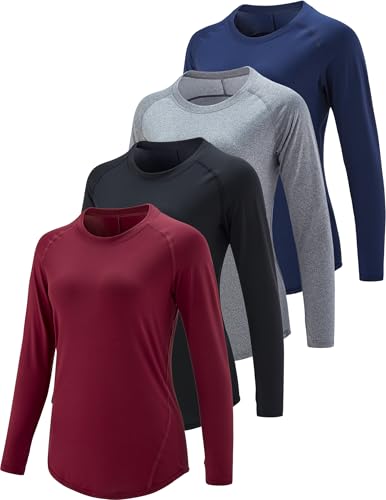 4-Pack: Womens Long Sleeve Athletic Tops with Thumb Holes – Dry F...