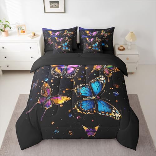 Image of Colorful Butterflies 7 Pieces Bedding Set King Size,Dreamy Starry Sky Bed in a Bag,Outer Space Galaxy Bed Set Includes Comforter,Sheet Set,Pillowcases & Pillow Covers,Garden Wildlife Bedroom Decor