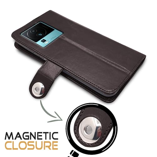 Image of Pikkme iQOO Neo 7 Pro 5G Flip Cover Leather Finish | Inside TPU with Card Pockets | Wallet Stand and Shock Proof | Complete Protection Button Flip Case (Coffee)