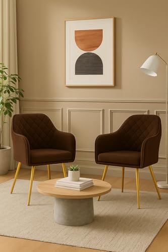 Image of Barfi Velvet Dining Chair | Set of 2 Premium Modern Upholstered Accent Chair with Armrest, Padded Seat and Metal Legs | Comfy Chair for Home, Office & Restaurents | (Dark Brown)