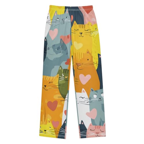 Cartoon Cat Love Heart Boys Long Pants Soft Trousers Elastic Waist Kids Lounge Bottoms with Pockets S-XL