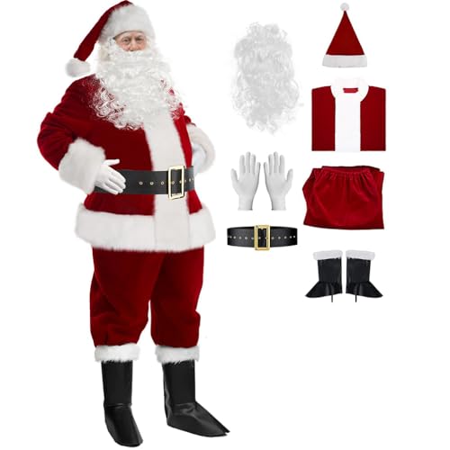 Baymate 7 Pezzi Costume Babbo Natale Uomo Vestito Babbo Natale in Velluto Rosso con Set Completo di Accessori da Babbo...