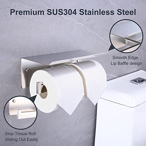 Crw Double Toilet Paper Holder With Shelf, Commercial Toilet Paper Dispenser, Stainless Steel Dual Tissue Roll Holder For Bathroom, Brushed Nickle Wall Mounted Rustproof #TOP3