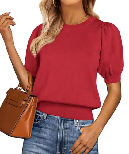 Image of PRETTYGARDEN Womens Sweaters Spring 2026 Summer Puff Short Sleeve Sweater Trendy Cute Knit Work Blouses Business Casual Tops