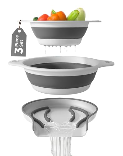 折りたたみ式ザル (2個セット) 食品ストレーナー シンク上水切りベース付き パスタフルーツと野菜用 (4クォートと5クォート) - ホワイトグレー