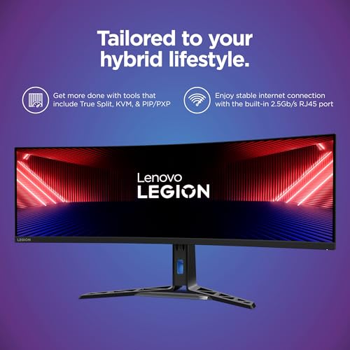 Image of Lenovo Legion R45w-30 Gaming Monitor, 44.5 inch 32:9 Curved, DualQHD Resolution, 170Hz Refresh, 1ms MPRT, AMD FreeSync Premium Pro, HDR400, KVM, USB-C, RJ45, Lift /Tilt /Swivel Stand, 450 nits, Black