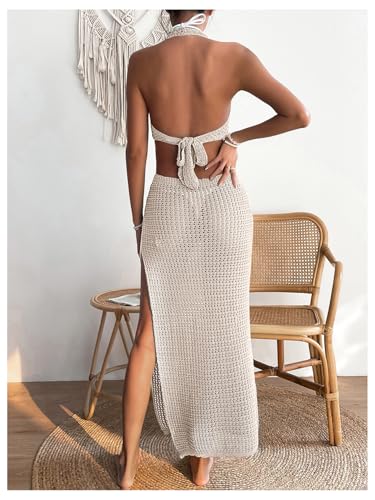 GORGLITTER Women's Crochet Dress Halter Backless Split Thigh Knit Swimsuit Coverup Dress2