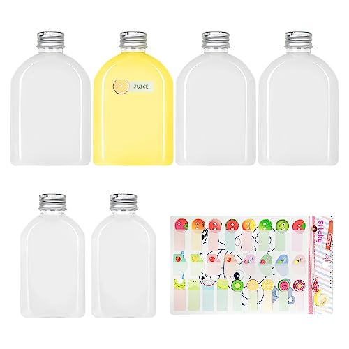 TAFACE Lote de 6 botellas de jugo transparentes (100 ml + 200 ml) 1 pegatina de fruta, recipiente de bebida plana, botella de bebida vacía con tapa de aluminio, botella plana transparente.