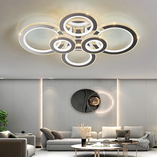 Image of Modern 98W Ceiling Light 6-Rings LED Ceiling Light Fixture with Remote Control Chrome Acrylic Dimmable Flush Mount Stainless Steel Chandelier for Livingroom Dining Room Kitchen Bedroom.