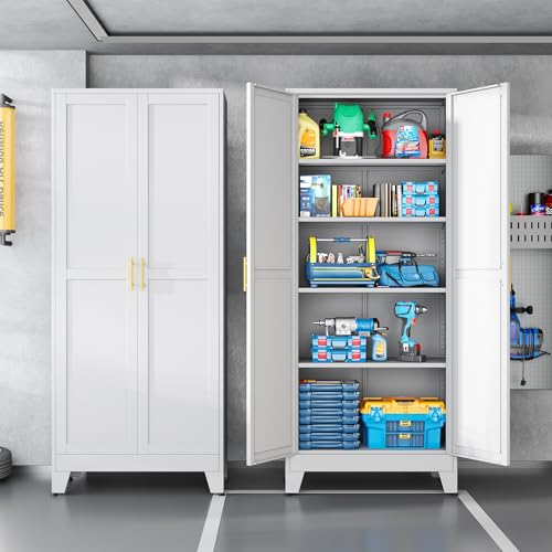 Image of White Pantry Storage Cabinet,71 inch Kitchen Pantry with Doors and 4 Adjustable Shelves, Metal Storage Cabinet, for Office, Home, Garage, School