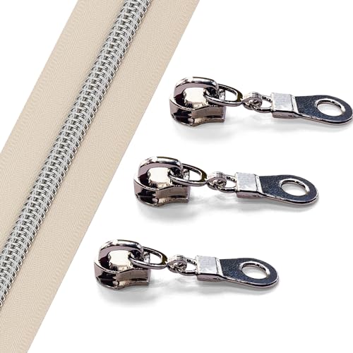 Sawoake Bulk 10 Yards #5 Beige Nylon Coil Zipper with Silver Teeth - Replacement Sewing Zipper with 20PCS Sliders for DIY Craft Bags