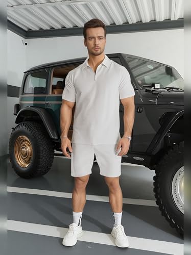 Mens Short Sets 2 Piece Outfits Summer Fashion Quarter Zip Polo & Athletic Shorts Retro Textured Vacation Tracksuit2