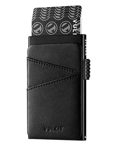 VULKIT Metal Pop up Wallet for Men Women Slim Credit Card Holder with Extra Leather Slots RFID Blocking Minimalist Wallets(Black)