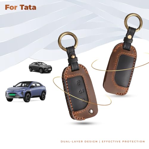 Image of keyzone dual leather key cover for Tata Curvv, Nexon, Harrier, Altroz, Punch, Safari, Tigor, Tiago, Zest, Bolt 3 button flip key
