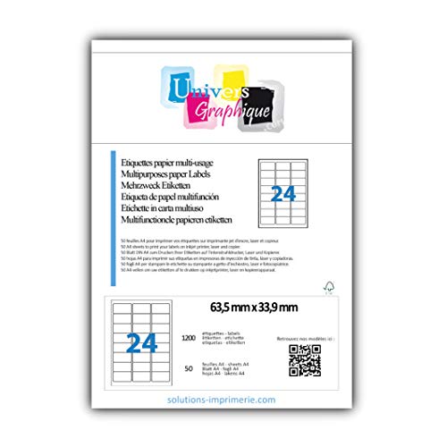 50 planches de 24 = 1200 étiquettes autocollantes papier adhésif blanc - 63,5 x 33,9 mm - compatible mon timbre en ligne ou FBA AMAZON- (l7159) TVA...