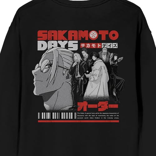 Sakamoto Days - Logo text, Sakamoto days Characters on grayscale, barcode, Kanji text on Black Adult Crew Neck Sweatshirt4