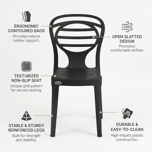 Image of Oaknest Supreme Oak Armless Plastic Dining Chair | Compact & Ergonomic Design for Home, Living Room, Balcony & Outdoor Seating | Color : Black, Set of 2