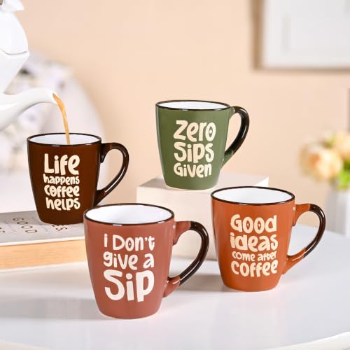 Image of Nestasia Ceramic Coffee Mugs Set of 4 (210ml Each) - Quirky Quotes Tea & Coffee Cups with Glossy Finish | Microwave & Dishwasher Safe Cups - Ideal for Gifting (Earthy Hues)